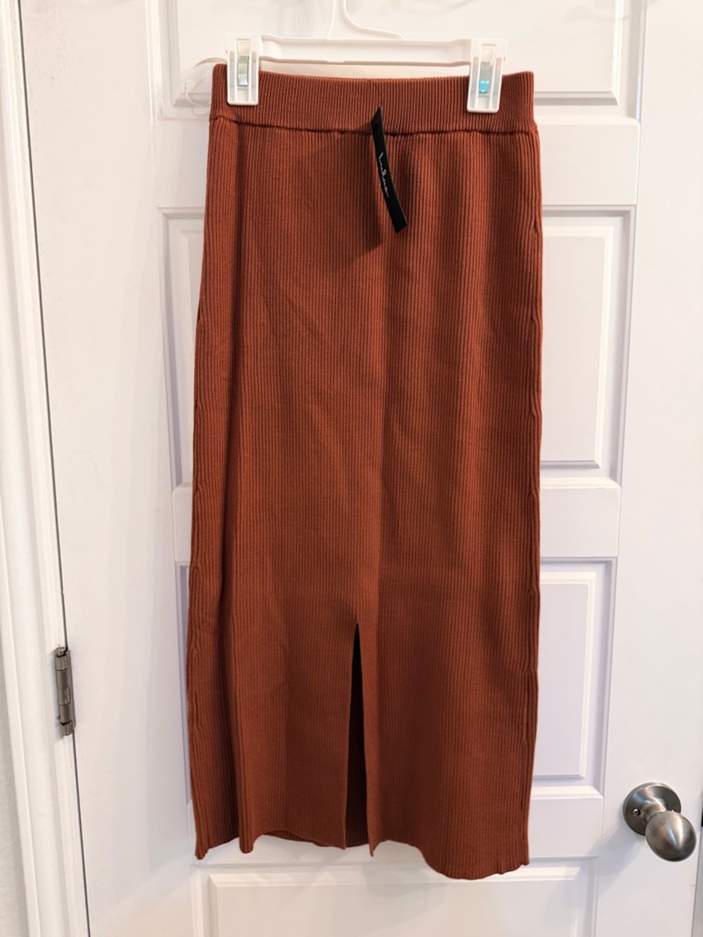 Lulu's Ribbed High-Waist Midi Skirt in Rust Orange - Picture 7 of 8